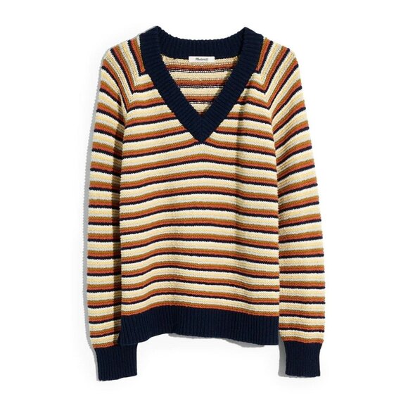 Madewell Arden V-Neck Crop Pullover Cotton Sweater Stripe Yellow SZ M NWT - Picture 3 of 4